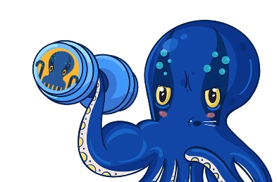 JetOctopus mascot lifting a dumbbell