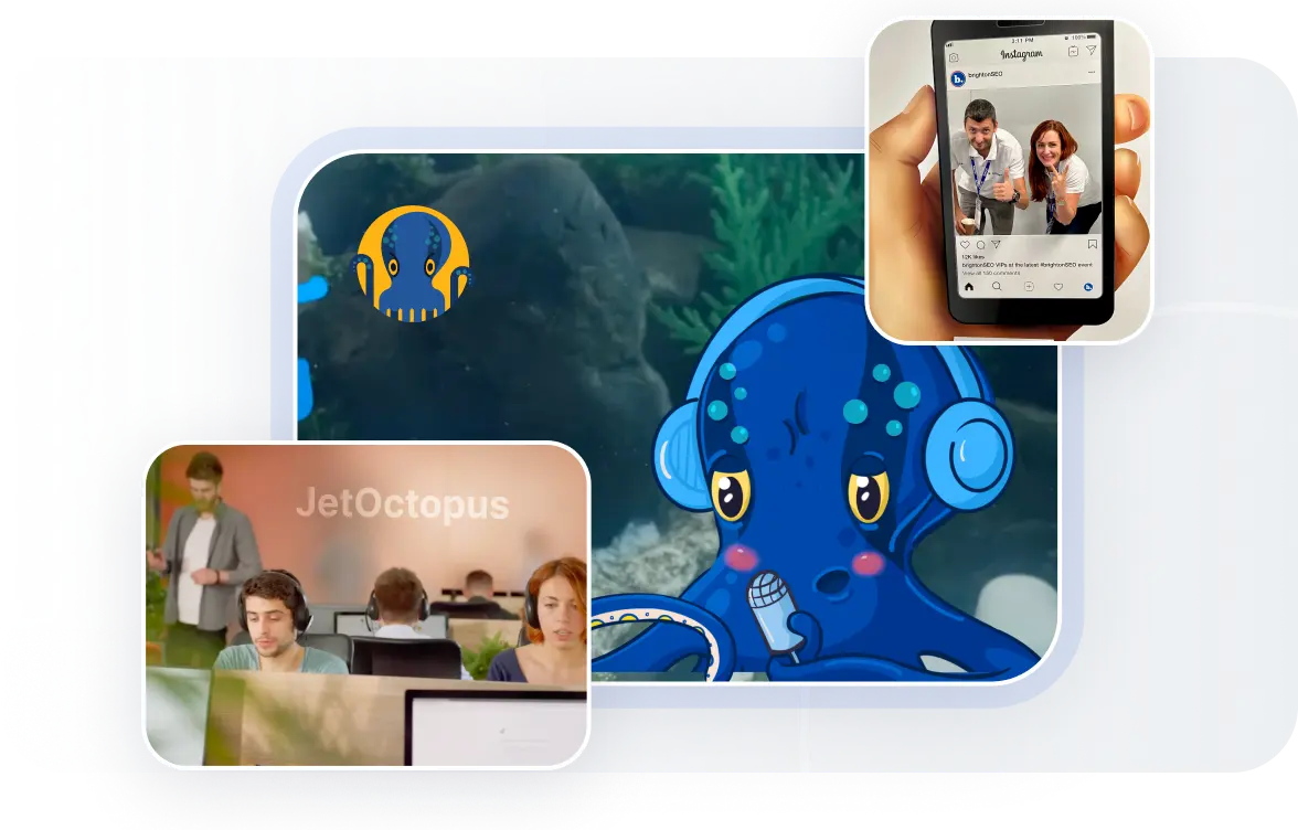 JetOctopus team presenting to a client at a conference booth