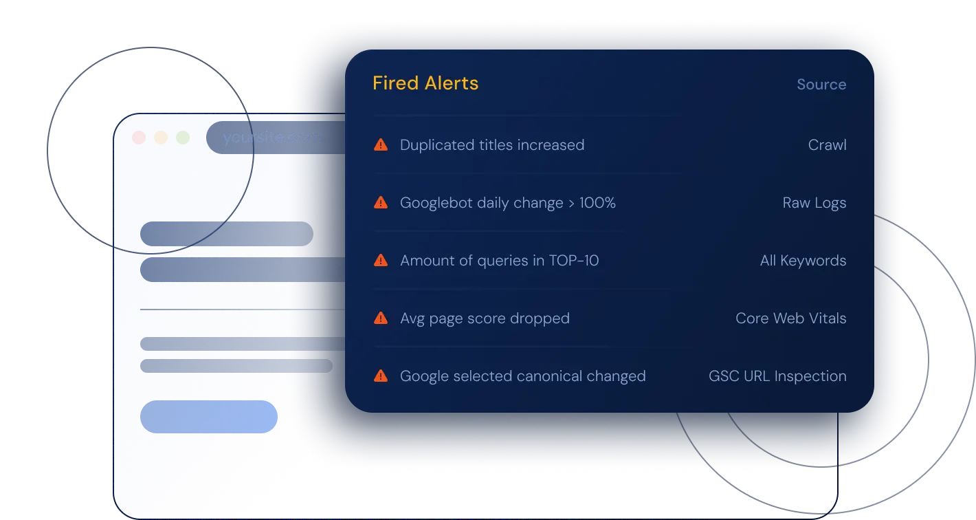 SEO Alerts dashboard showing crawl error notifications and monitoring overview