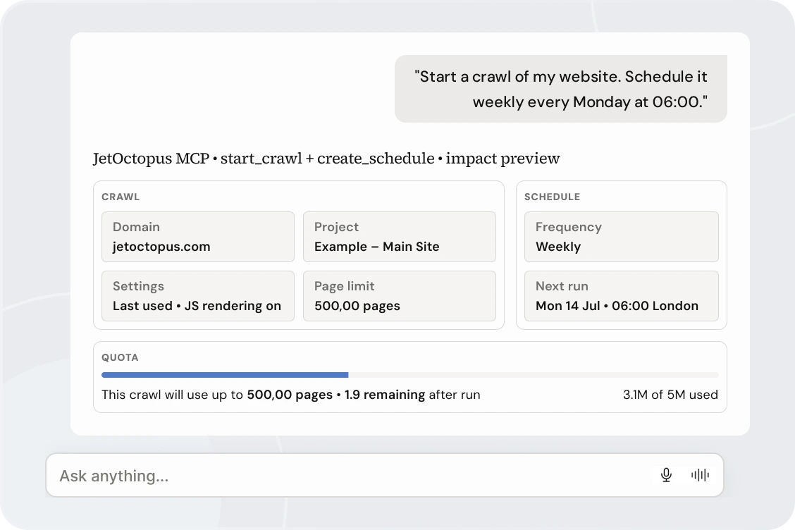 JetOctopus MCP chat interface screenshot