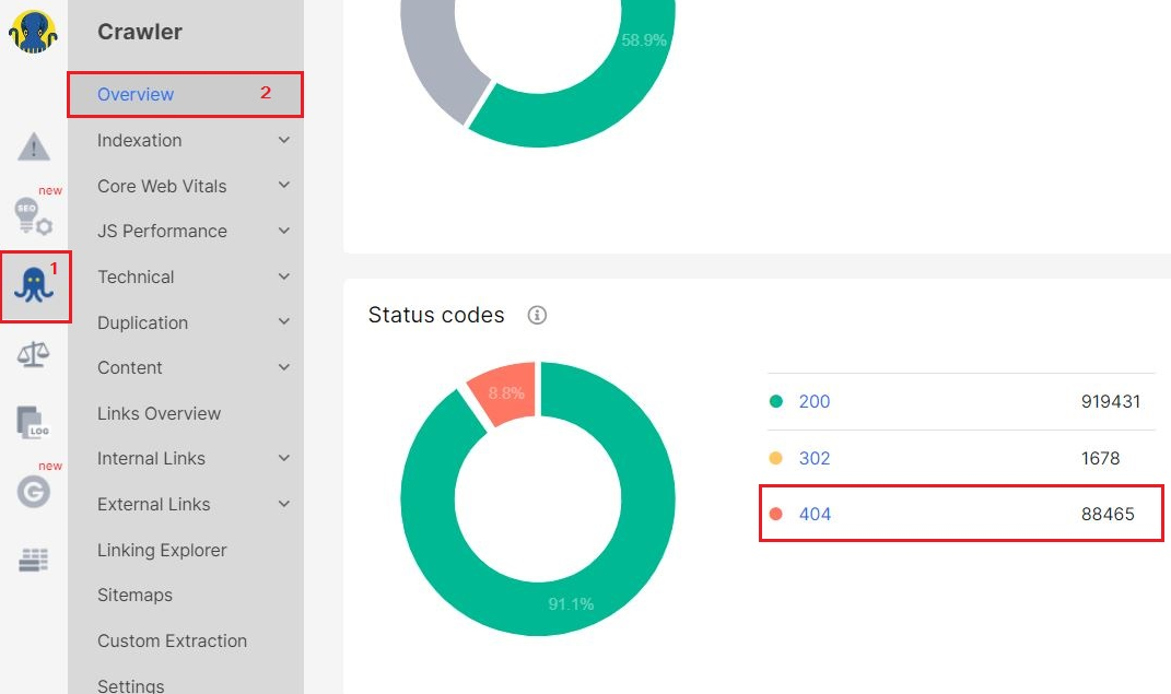 How to find and check 404 Errors: check the general chart - JetOctopus