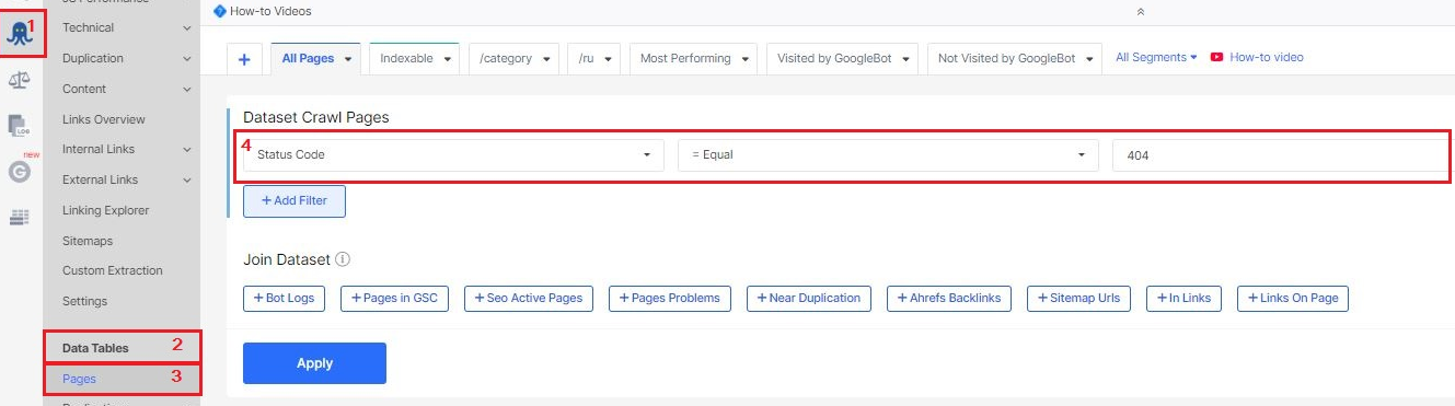 How to find and check 404 Errors: set  broken 404 links in the Data Tables - JetOctopus