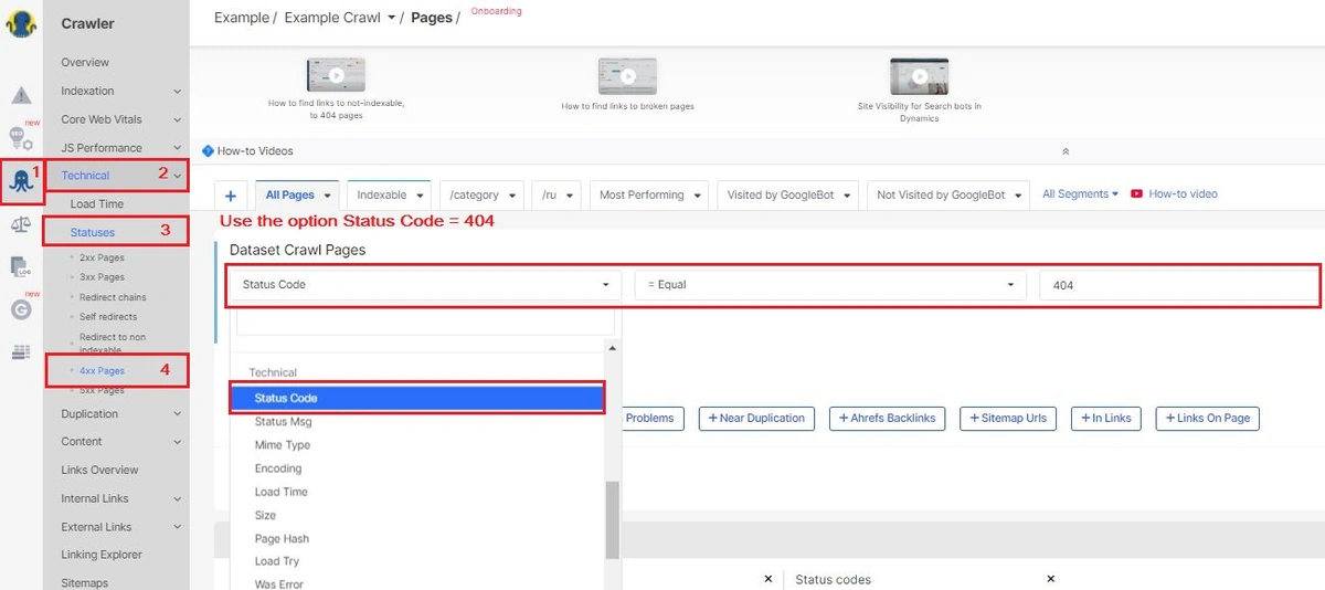 How to find and check 404 Errors: find all broken 404 links in the "Statuses" report - JetOctopus