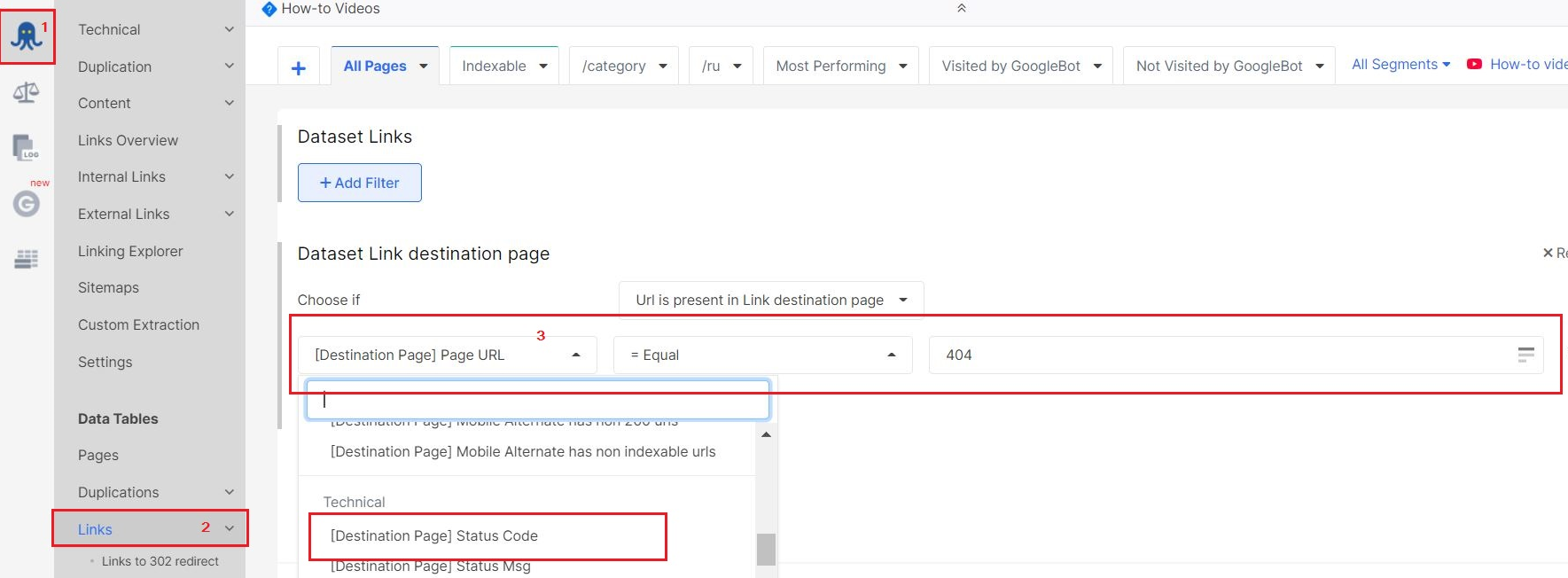 How to find and check 404 Errors: find all inlinks to 404 in the "Links" report - JetOctopus