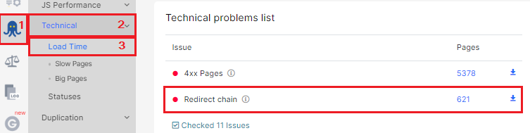 How to find redirect chains - JetOctopus