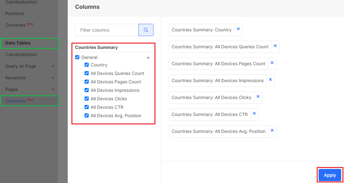 Product Update. GSC by Countries - Countries Data Table - JetOctopus