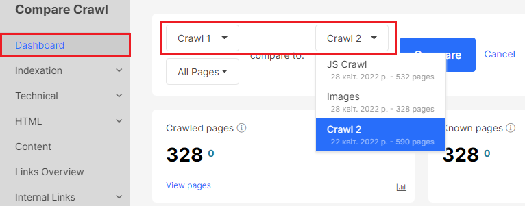 How to compare crawls in JetOctopus - Step 2