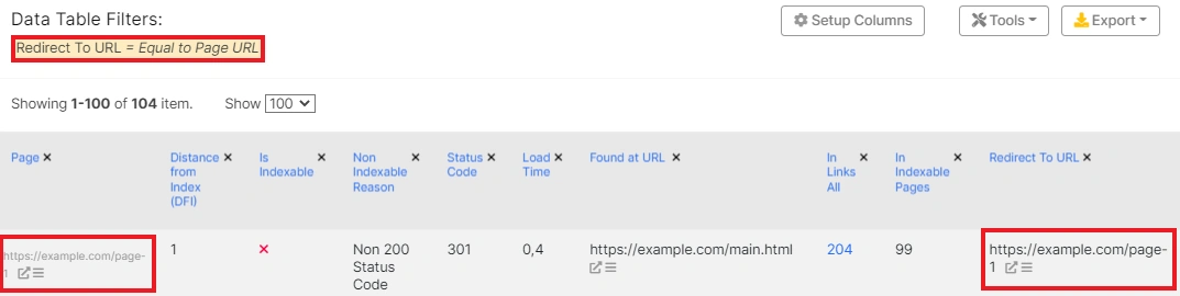 How to find URLs that redirect back to itself with JetOctopus - 4