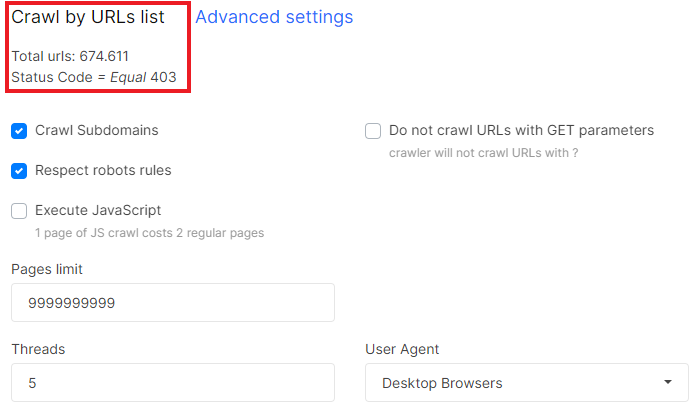 403 pages in crawl results - JetOctopus crawler - 3
