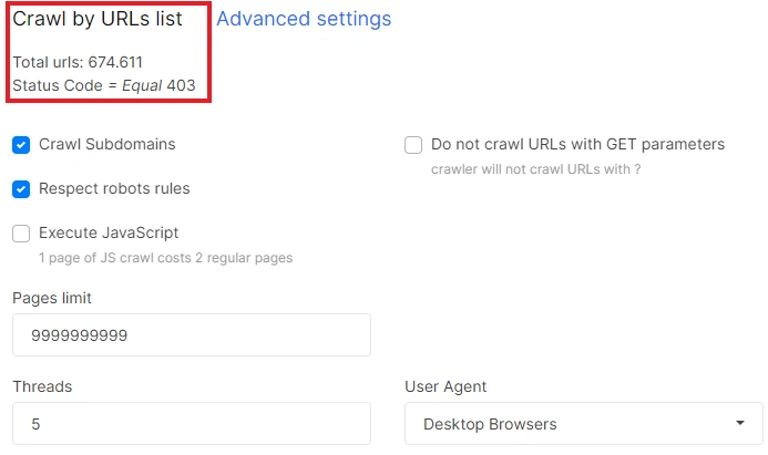 403 pages in crawl results - JetOctopus crawler - 3