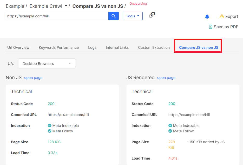 Product Update. Compare JS vs non JS in the URL inspection tool - JetOctopus crawler -2