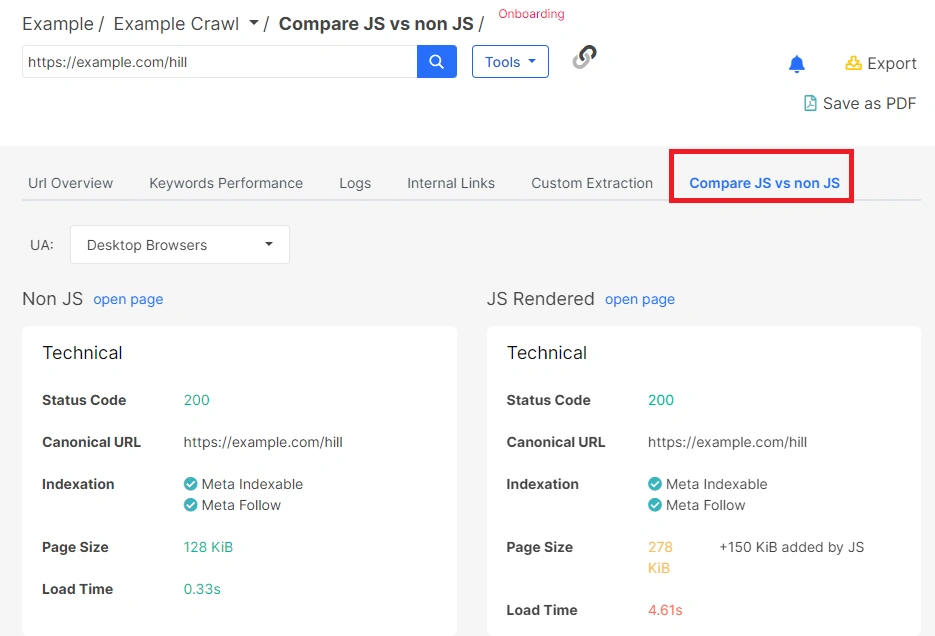 Product Update. Compare JS vs non JS in the URL inspection tool - JetOctopus crawler -2 Product Update. Compare JS vs non JS in the URL inspection tool - JetOctopus crawler -2